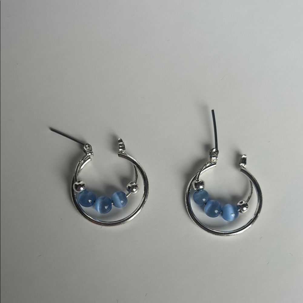 Silver Tone and Blue “Cat’s Eye” Beads Hoop Earrings